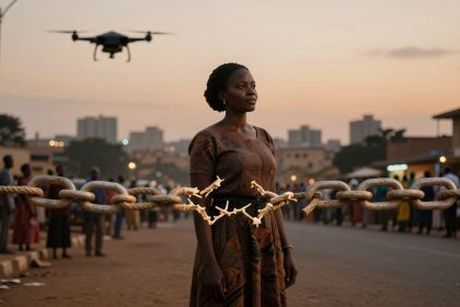 A woman in a patterned dress stands in the street at dusk, with a large chain and padlock in front. A drone hovers above her, and people are gathered in the background. City buildings are visible in the distance.