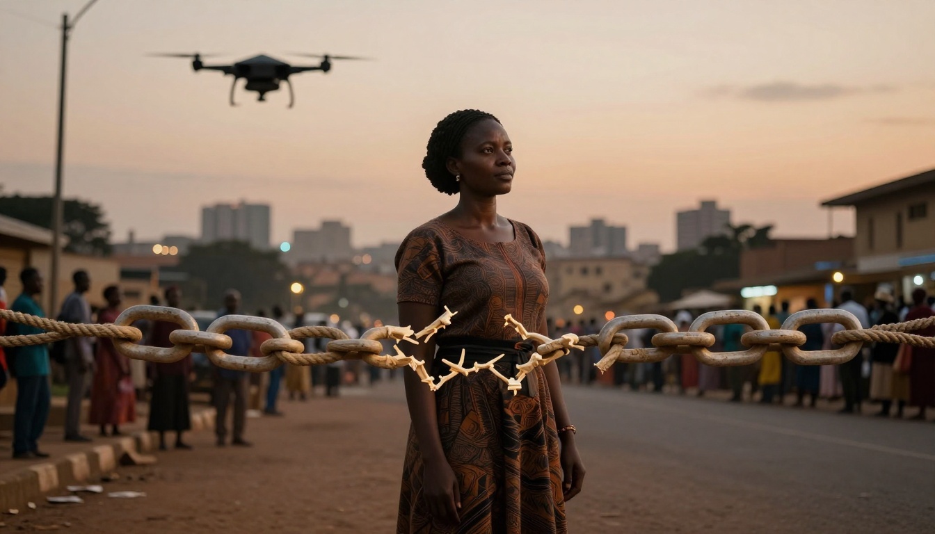 A woman in a patterned dress stands in the street at dusk, with a large chain and padlock in front. A drone hovers above her, and people are gathered in the background. City buildings are visible in the distance.