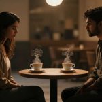 A man and woman sit across from each other at a small round table in a cafe, with steaming cups of coffee in front of them. The setting has warm lighting.