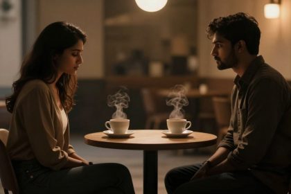 A man and woman sit across from each other at a small round table in a cafe, with steaming cups of coffee in front of them. The setting has warm lighting.