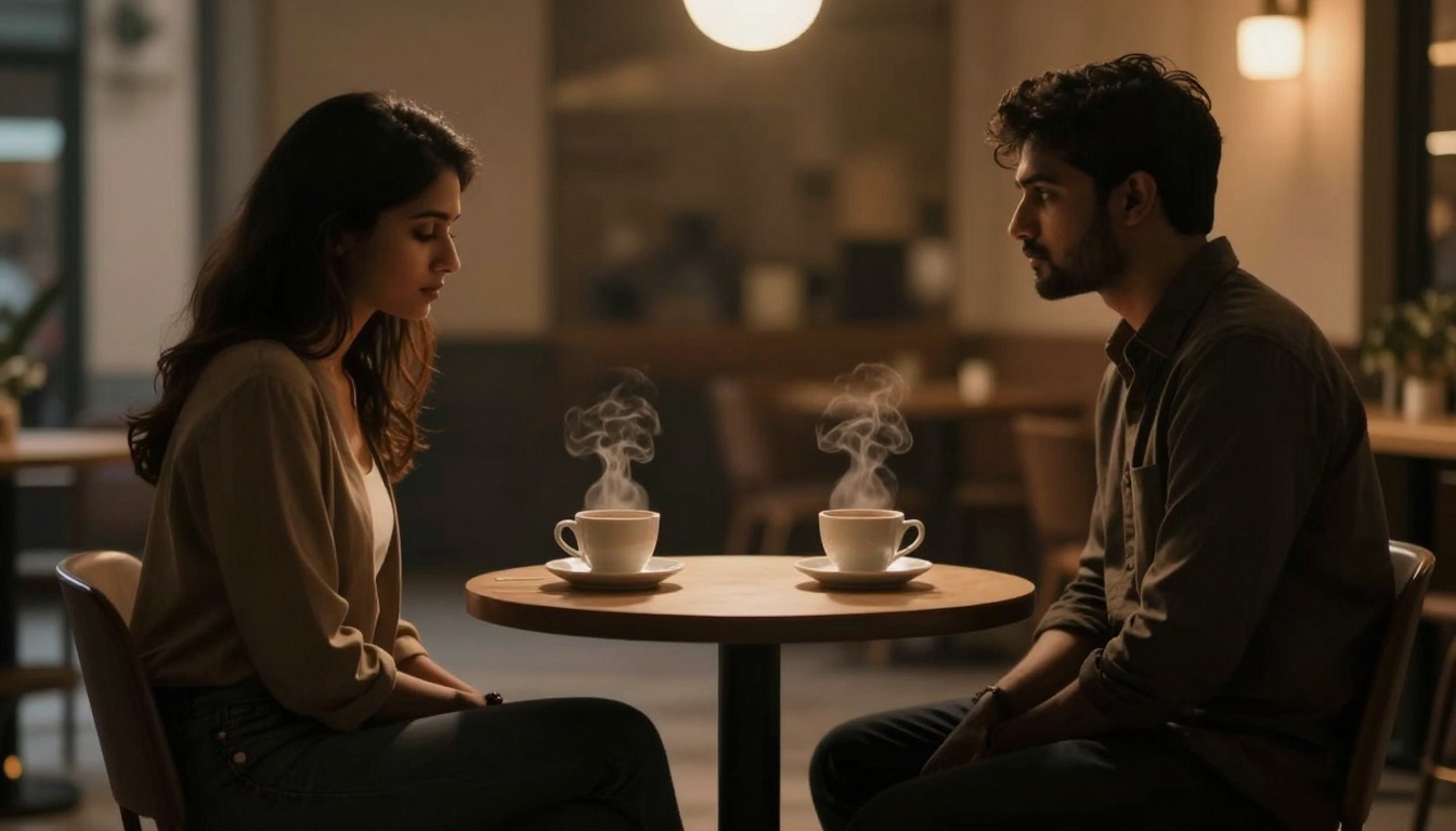 A man and woman sit across from each other at a small round table in a cafe, with steaming cups of coffee in front of them. The setting has warm lighting.