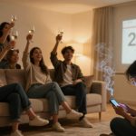 A group of people sits on a couch, raising glasses in celebration, with "2026" projected on the wall. A person in the foreground looks at a smartphone with digital symbols emerging. The room is warmly lit and decorated with plants and shelves.