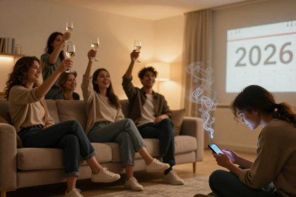 A group of people sits on a couch, raising glasses in celebration, with "2026" projected on the wall. A person in the foreground looks at a smartphone with digital symbols emerging. The room is warmly lit and decorated with plants and shelves.