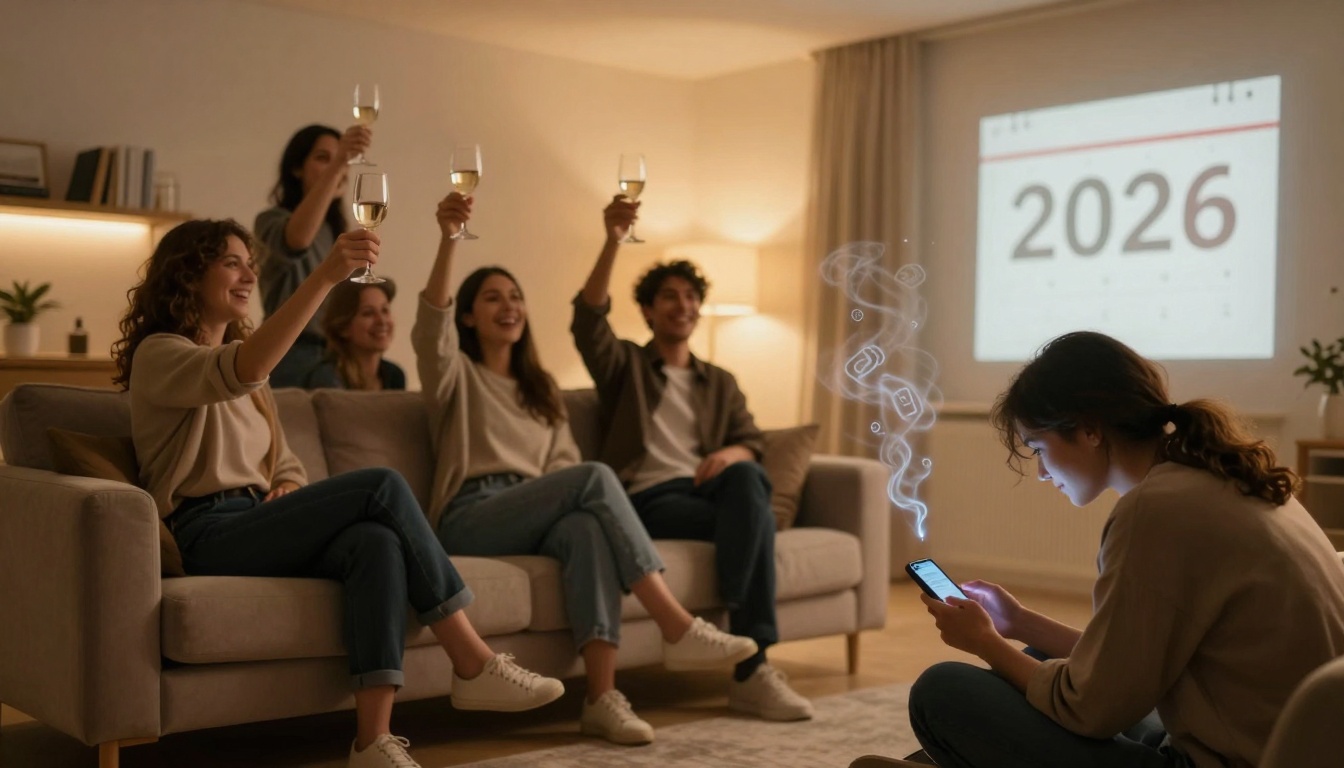 A group of people sits on a couch, raising glasses in celebration, with "2026" projected on the wall. A person in the foreground looks at a smartphone with digital symbols emerging. The room is warmly lit and decorated with plants and shelves.