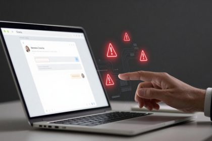 A hand pointing at a laptop screen displaying a chat interface. Red warning icons hover above the keyboard, indicating alerts.