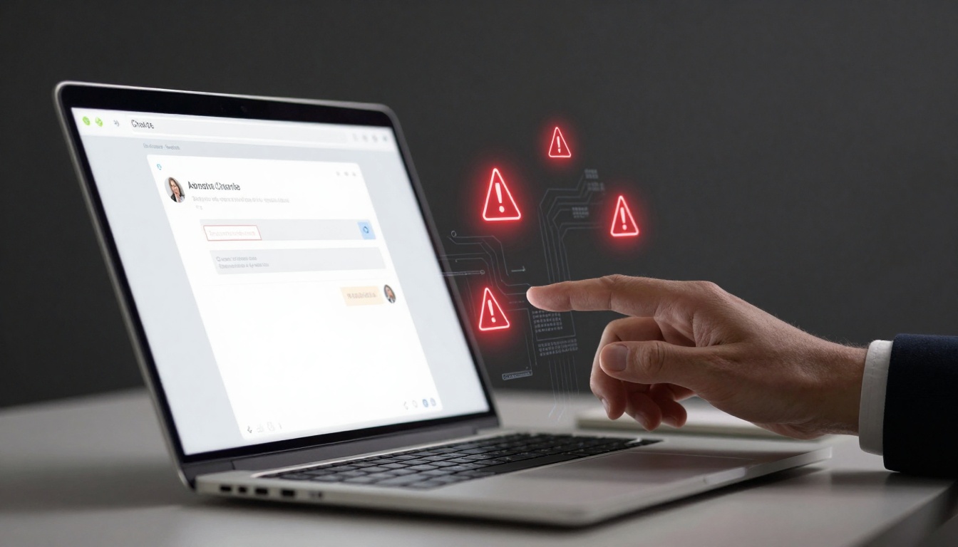 A hand pointing at a laptop screen displaying a chat interface. Red warning icons hover above the keyboard, indicating alerts.