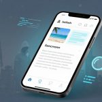 A mobile phone screen displays a social media app with a beach photo and text. In the background, silhouettes of hooded figures and city buildings are visible. Floating magnifying glass icons and digital elements are also present. The overall color scheme is blue and gray.