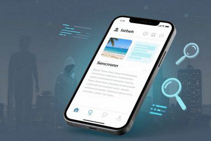 A mobile phone screen displays a social media app with a beach photo and text. In the background, silhouettes of hooded figures and city buildings are visible. Floating magnifying glass icons and digital elements are also present. The overall color scheme is blue and gray.