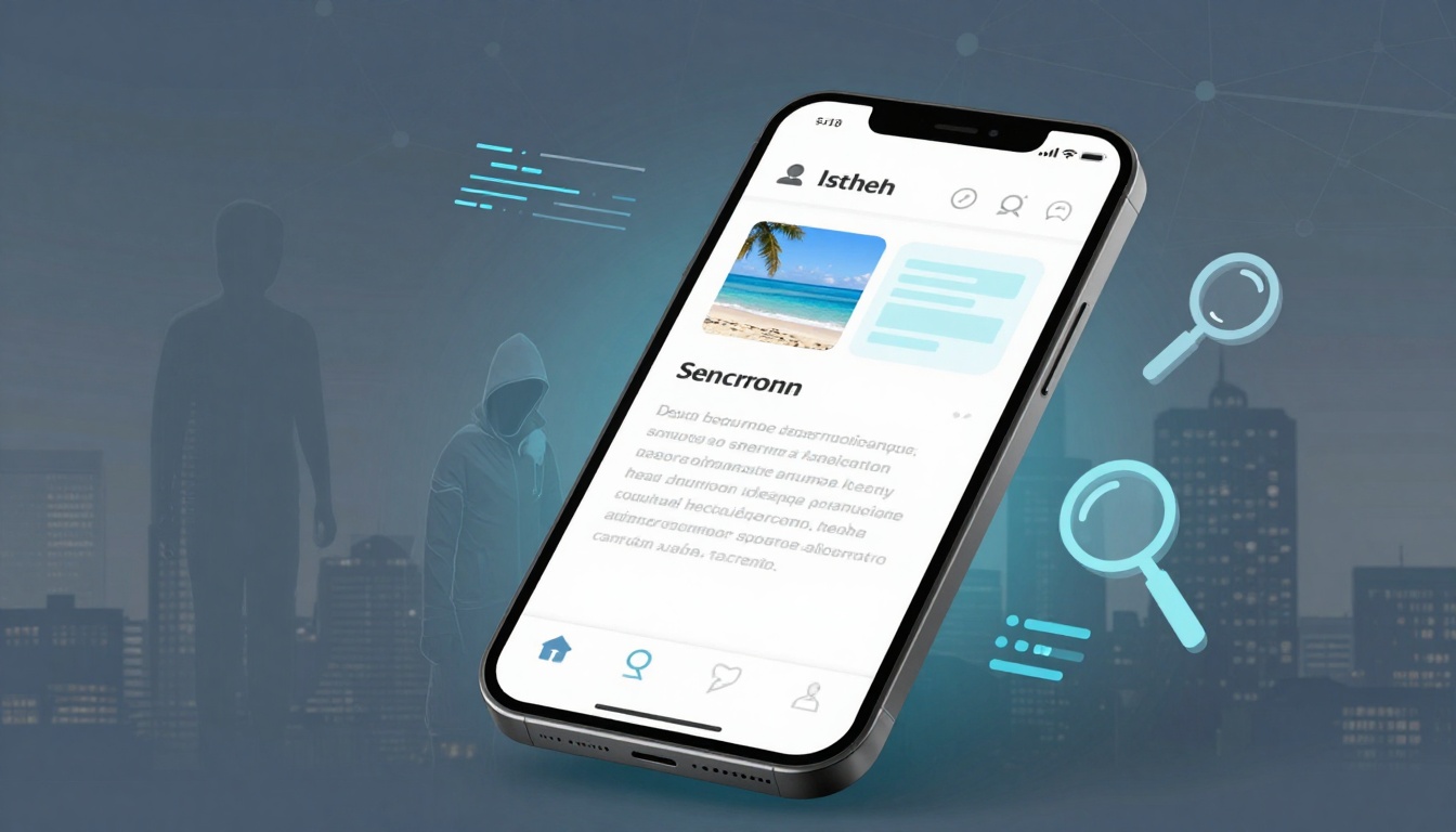 A mobile phone screen displays a social media app with a beach photo and text. In the background, silhouettes of hooded figures and city buildings are visible. Floating magnifying glass icons and digital elements are also present. The overall color scheme is blue and gray.