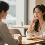 Two people sit at a cafe table, engaged in conversation. Both have coffee cups. The woman smiles, resting her chin on her hand. The setting is bright and airy.