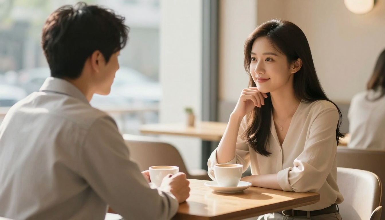 Two people sit at a cafe table, engaged in conversation. Both have coffee cups. The woman smiles, resting her chin on her hand. The setting is bright and airy.