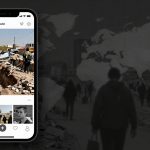 A smartphone screen displays a social media post showing people working in a trench amid rubble. The background features a dark world map and silhouettes of people walking.