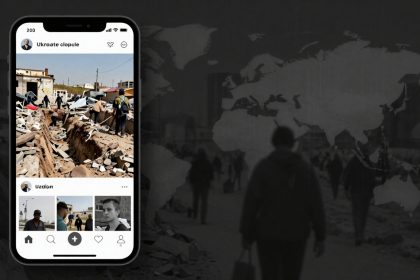 A smartphone screen displays a social media post showing people working in a trench amid rubble. The background features a dark world map and silhouettes of people walking.