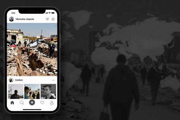 A smartphone screen displays a social media post showing people working in a trench amid rubble. The background features a dark world map and silhouettes of people walking.