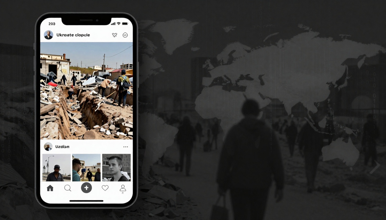 A smartphone screen displays a social media post showing people working in a trench amid rubble. The background features a dark world map and silhouettes of people walking.
