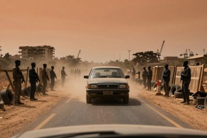 A dusty road scene with a car driving towards the camera, flanked by armed guards wearing uniforms and standing beside rubber tires. The sky is orange, and construction cranes are visible in the background.