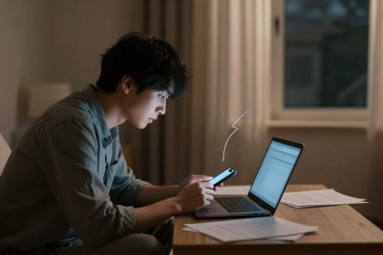 A person sitting on a bed, focused on a smartphone, with an open laptop displaying text. Papers are scattered on a wooden table. A window with curtains is in the background.