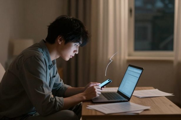 A person sitting on a bed, focused on a smartphone, with an open laptop displaying text. Papers are scattered on a wooden table. A window with curtains is in the background.