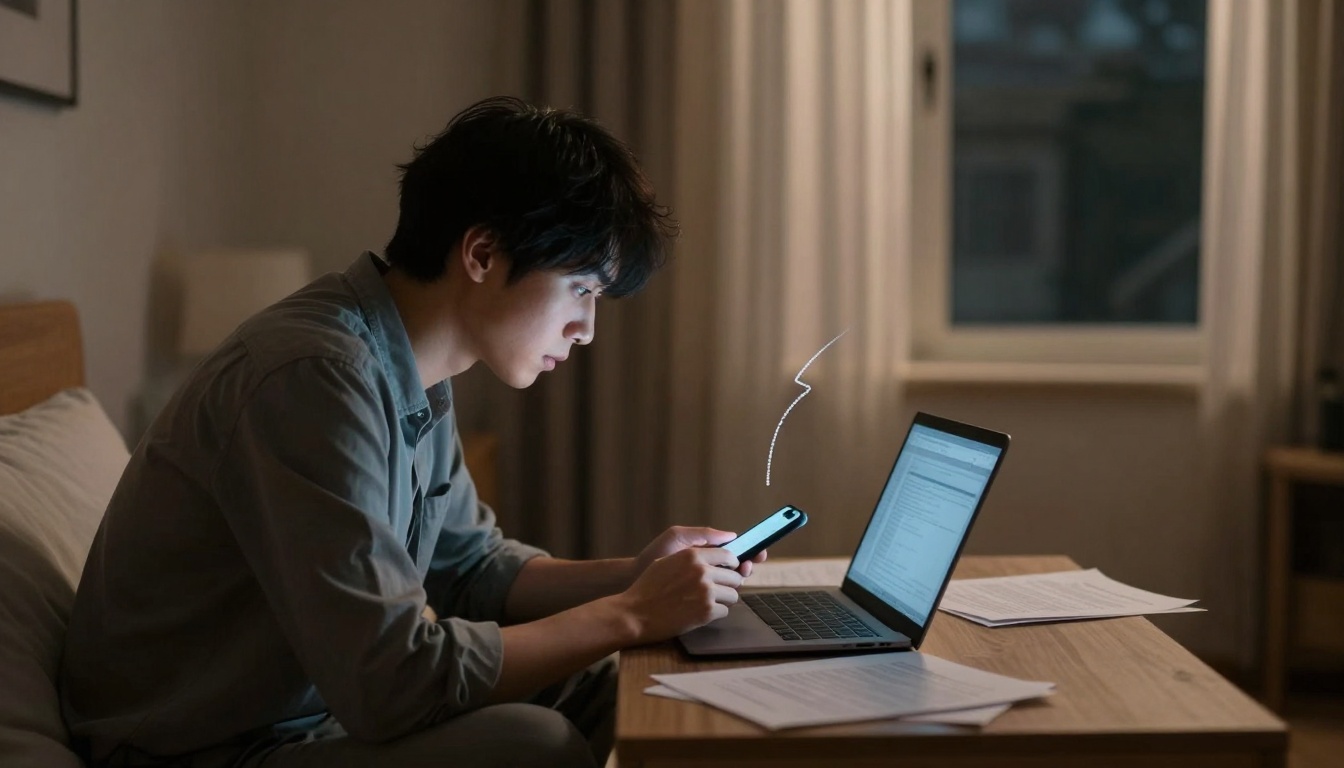 A person sitting on a bed, focused on a smartphone, with an open laptop displaying text. Papers are scattered on a wooden table. A window with curtains is in the background.