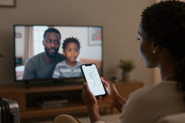 A person holds a smartphone displaying a map, sitting in a living room. A TV shows two people, an adult and a child, in the background. A suitcase is nearby.