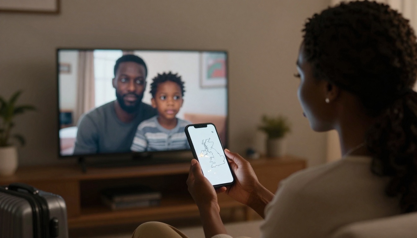 A person holds a smartphone displaying a map, sitting in a living room. A TV shows two people, an adult and a child, in the background. A suitcase is nearby.