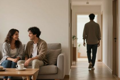 A couple sits on a gray sofa, smiling at each other in a living room with neutral tones. A person walks down a hallway in the background.