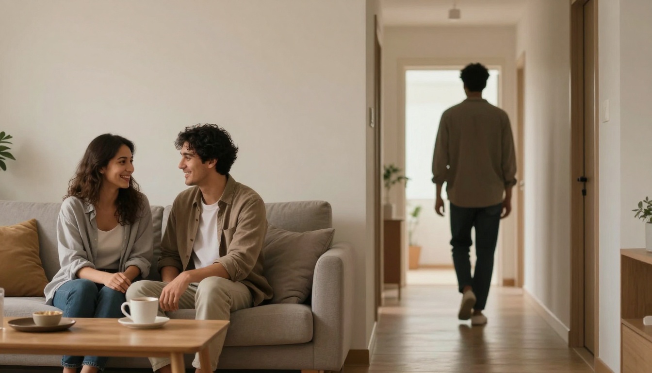 A couple sits on a gray sofa, smiling at each other in a living room with neutral tones. A person walks down a hallway in the background.