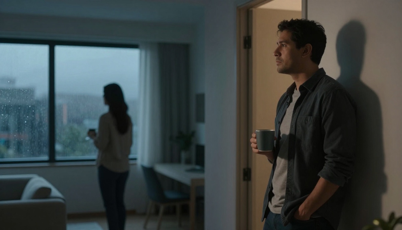 A man stands against a wall holding a mug, gazing thoughtfully. A woman is in the background by a large window, also holding a mug. The room is dimly lit with a couch, desk, and chair visible. Rain is seen on the window.