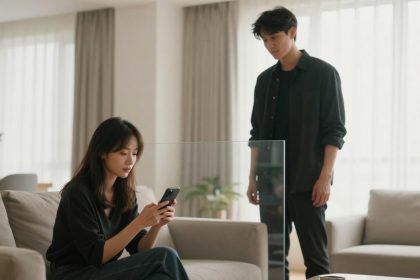A woman sits on a beige sofa using a smartphone, while a man stands nearby in a living room with light curtains and a potted plant.