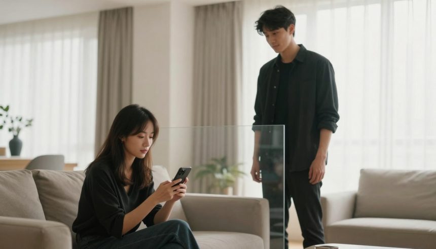A woman sits on a beige sofa using a smartphone, while a man stands nearby in a living room with light curtains and a potted plant.
