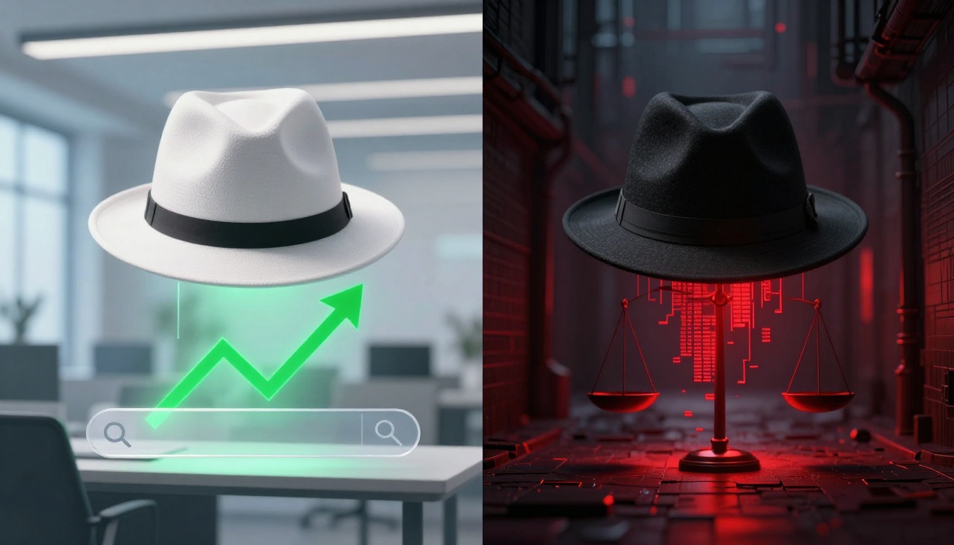 Split image: Left side shows a white fedora with a green upward arrow and search bar in a bright office. Right side shows a black fedora with a red scale and digital elements in a dark room.