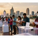 People stand in line outdoors, holding papers near transparent ballot boxes on pedestals. City skyline and river in the background at sunset.
