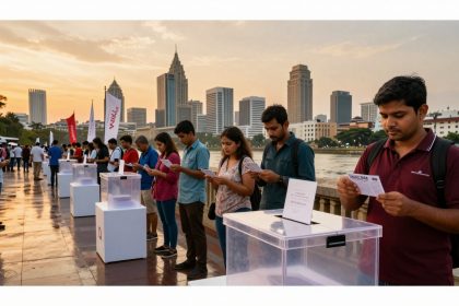 People stand in line outdoors, holding papers near transparent ballot boxes on pedestals. City skyline and river in the background at sunset.
