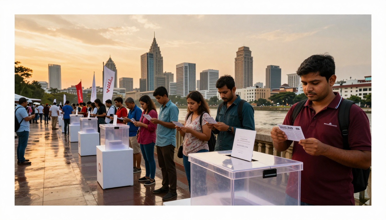People stand in line outdoors, holding papers near transparent ballot boxes on pedestals. City skyline and river in the background at sunset.