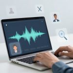 A person types on a laptop displaying a waveform graphic. Surrounding icons show avatars, a magnifying glass, and a check mark.