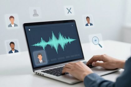 A person types on a laptop displaying a waveform graphic. Surrounding icons show avatars, a magnifying glass, and a check mark.