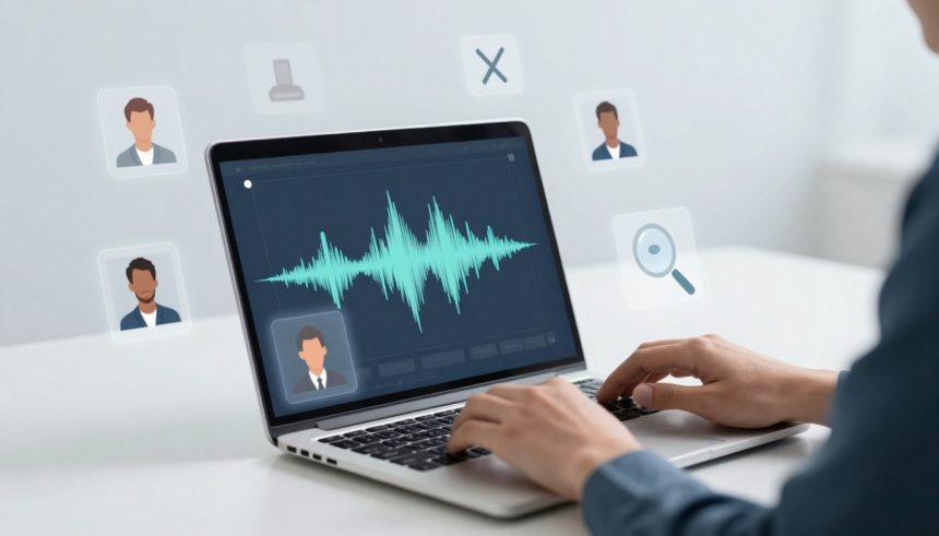 A person types on a laptop displaying a waveform graphic. Surrounding icons show avatars, a magnifying glass, and a check mark.