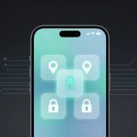 Smartphone displaying icons of location pins and padlocks on a gradient blue screen, with digital circuit lines in the background.