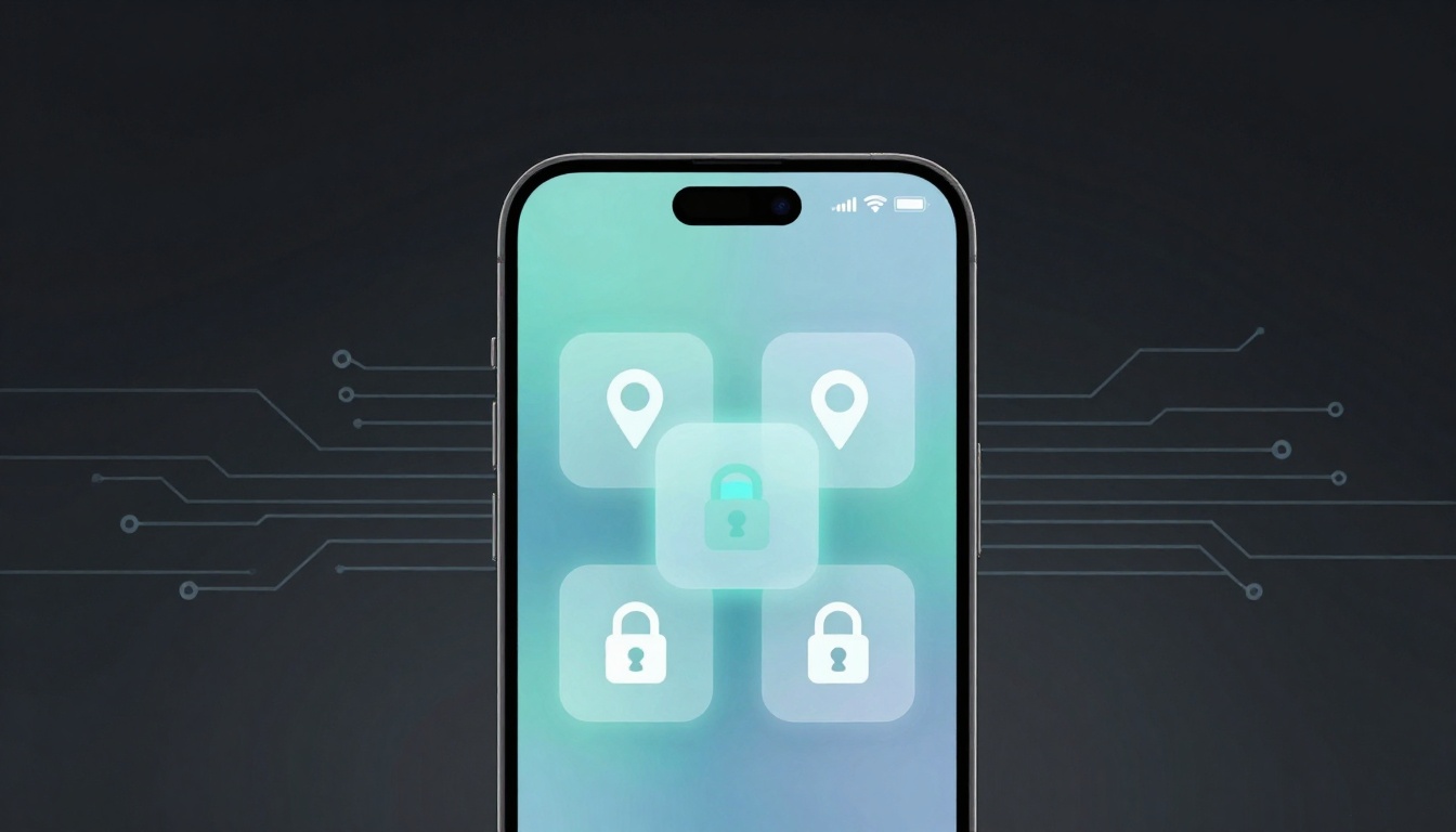Smartphone displaying icons of location pins and padlocks on a gradient blue screen, with digital circuit lines in the background.