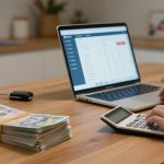 A person uses a calculator on a wooden table with a laptop displaying financial data, a stack of banknotes, car keys, and a coffee cup.