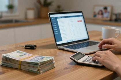 A person uses a calculator on a wooden table with a laptop displaying financial data, a stack of banknotes, car keys, and a coffee cup.