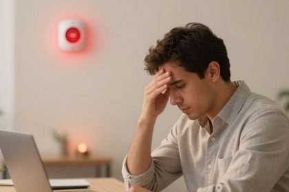 A person in a light gray shirt sits at a desk, holding their head in one hand, appearing stressed. A laptop and plant are on the desk. A red alarm light is on the wall in the background.