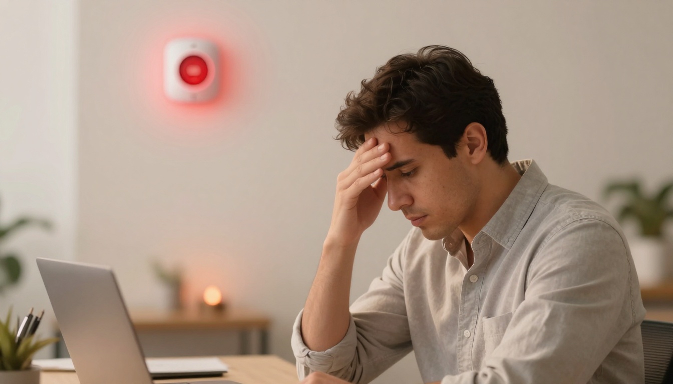 A person in a light gray shirt sits at a desk, holding their head in one hand, appearing stressed. A laptop and plant are on the desk. A red alarm light is on the wall in the background.