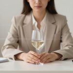A woman in a beige blazer sits at a white desk, holding a wine glass with white wine. A calendar, papers, smartphone, and plant are on the desk.