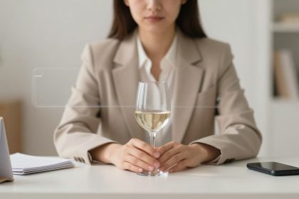 A woman in a beige blazer sits at a white desk, holding a wine glass with white wine. A calendar, papers, smartphone, and plant are on the desk.