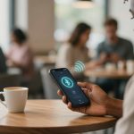 A person wearing headphones holds a smartphone displaying a Bluetooth connection icon. They are seated at a wooden table with a coffee cup in a cafe. Blurred people are visible in the background.