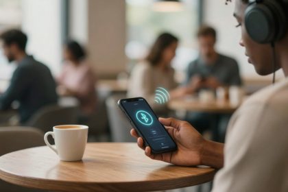 A person wearing headphones holds a smartphone displaying a Bluetooth connection icon. They are seated at a wooden table with a coffee cup in a cafe. Blurred people are visible in the background.