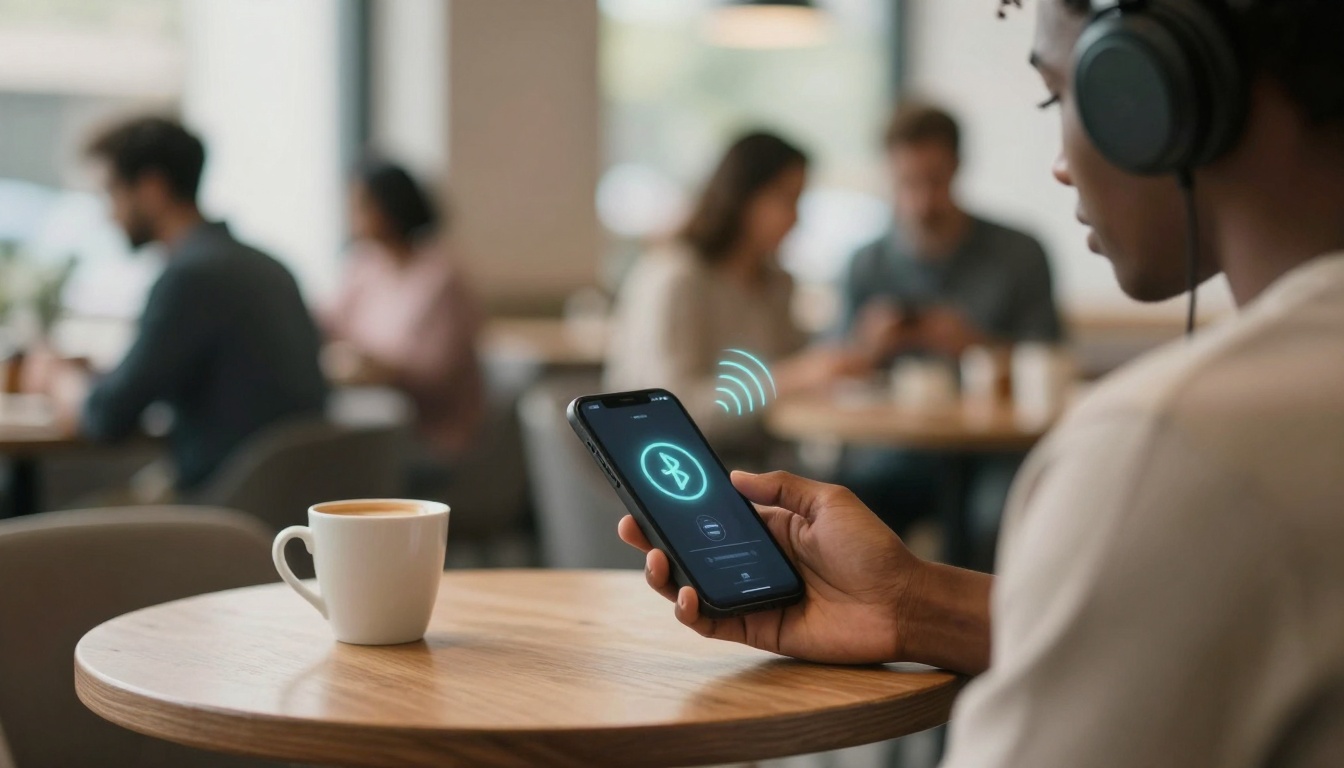 A person wearing headphones holds a smartphone displaying a Bluetooth connection icon. They are seated at a wooden table with a coffee cup in a cafe. Blurred people are visible in the background.