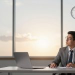 A man in a suit and glasses sits at a desk with a laptop and papers, gazing out a large window at sunset. A clock is on the wall.