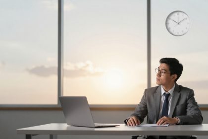 A man in a suit and glasses sits at a desk with a laptop and papers, gazing out a large window at sunset. A clock is on the wall.